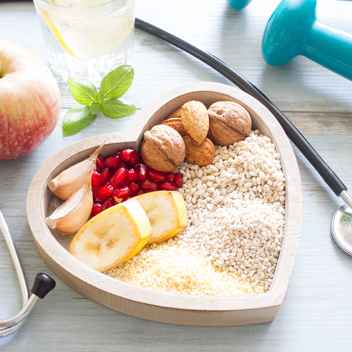 healthy food in heart and water diet concept